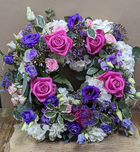 Pink and Purple wreath - Quality Flowers from Ann's Flowers - Just £45! Shop now at Ann's Flowers